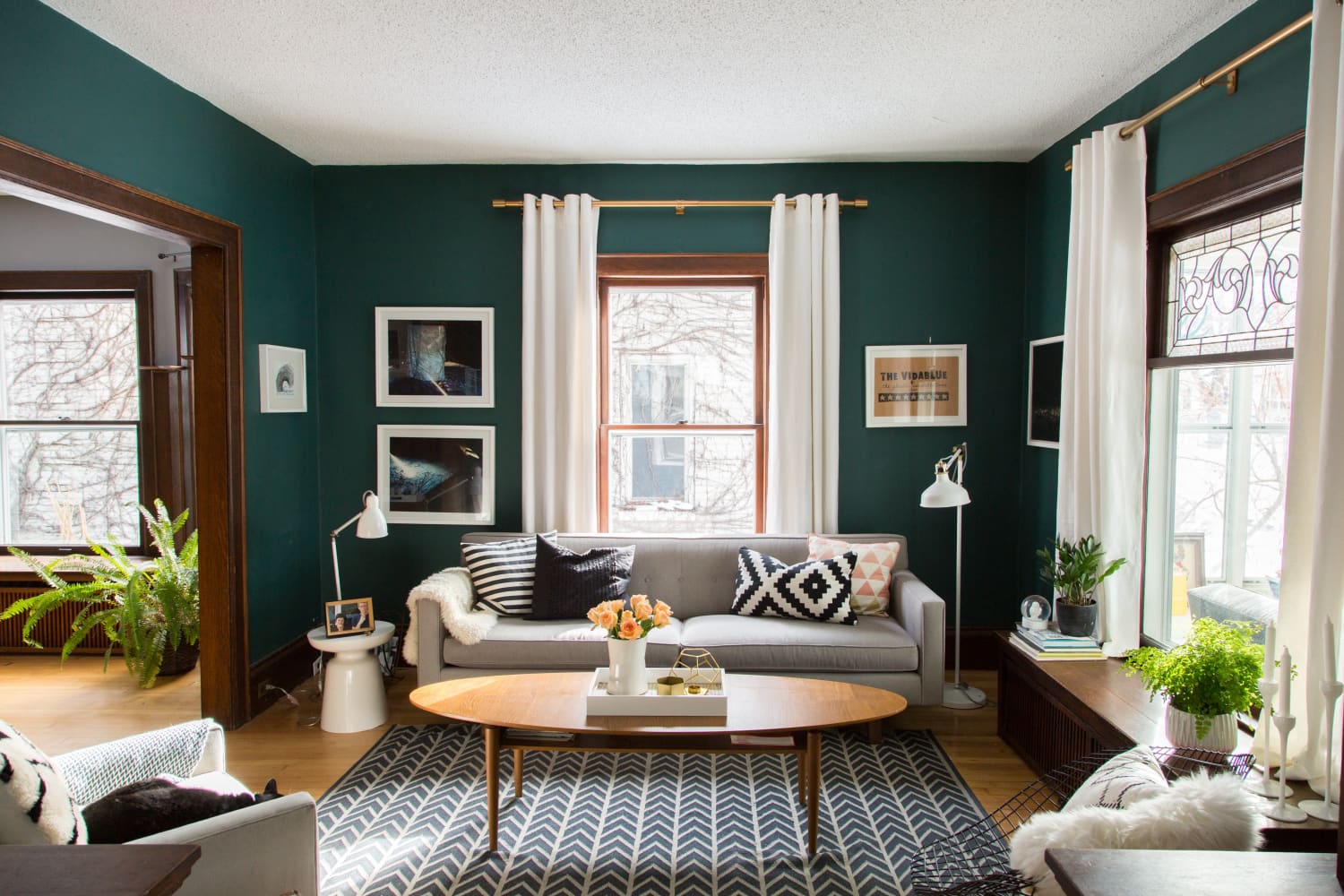 Interior Living Room Green Sectional Green Walls